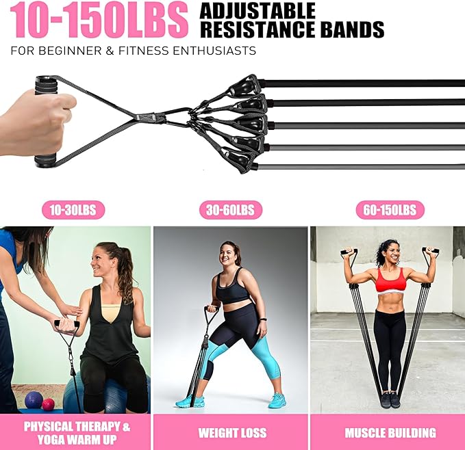 Resistance Bands, Exercise Bands with Handles for Working Out, Fitness Bands for Women, Workout Equipment Home Gym, Training Bands with Door Anchor, Legs Ankle Straps, Shape Body, Physical Therapy