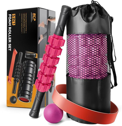 5 in 1 Foam Roller Set for Deep Tissue Muscle Massage, Trigger Point Fitness Patented Exercise Foam Roller, Massage Roller, Massage Ball, Stretching Strap, for Whole Body (Pink-Black)