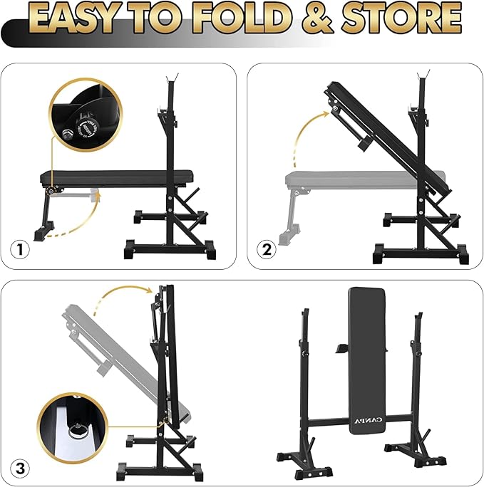 Bench Press, CANPA Olympic Weight Bench with Squat Rack Workout Bench Adjustable Barbell Rack Stand Strength Training Home Gym Multi-Function