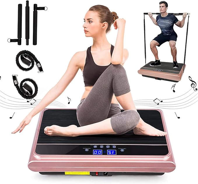 Vibration Plate Exercise Machine Whole Body Vibration Platform Machine with Pilates Bar Resistance Bands for Home Fitness Training Equipment & Weight Loss