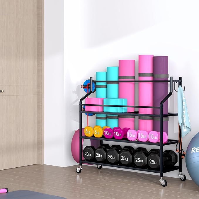 Yoga Mat Storage Rack Cart Multifunctional large Capacity Dumbbell Stable Steel Rolling Storage rack for Large Rolling Kettlebells Rope,Home Gym Workout Organizer Fitness Sports for Home