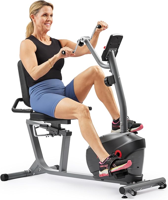 Sunny Health & Fitness Smart Magnetic Recumbent Exercise Bike with Optional SunnyFit App Bluetooth Connectivity, Full Body Workout, Large Ergonomic Seat, Bike for Adult & Seniors with Arm Exerciser