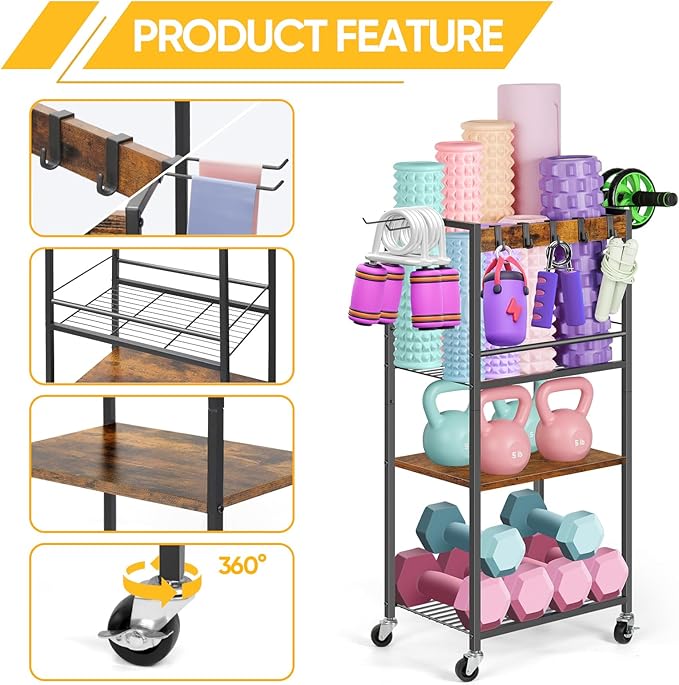 Home Gym Storage Rack, Heavy Duty Yoga Mat Holder Workout Equipment Storage Organizer Weight Rack with Hooks & Wheels for Dumbbells Kettlebells Dumbbell Yoga Block Foam Rollers Yoga Strap Resistance Bands, Fitness Exercise Equipment