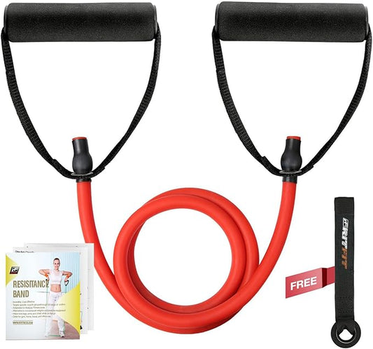 RitFit Single Resistance Exercise Band with Comfortable Handles - Ideal for Physical Therapy, Strength Training, Muscle Toning - Door Anchor and Starter Guide Included