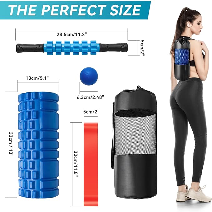 5 in 1 Foam Roller Set for Deep Tissue Muscle Massage, High Density Trigger Point Fitness Patented Exercise Foam Roller, Massage Roller, Massage Ball, Resistance Band, for Whole Body