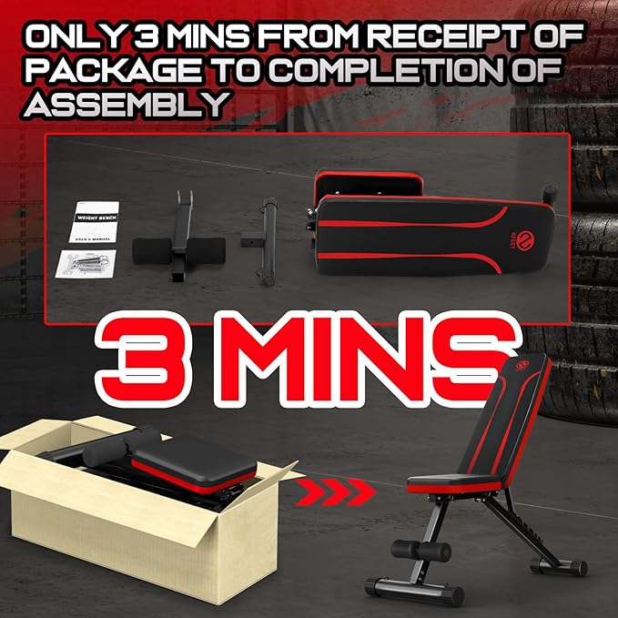 Adjustable Weight Bench for Full Body Workout, Foldable Workout Bench for Home Gym, Multi-Purpose Weight Bench with 3-Sec Folding& Fast Adjustment for Bench Press Sit up Incline Flat Decline