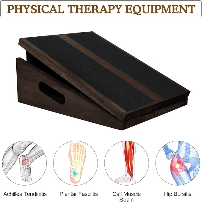 Professional Slant Board Calf Stretcher: Adjustable Incline Stretch Squat Wedge, Posture Board Wooden Physical Therapy Equipment, Non Slip Achilles Stretcher with Extra Side Handle - Walnut Color