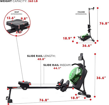 Sunny Health & Fitness Elite Water Rowing Machine with High Resistance Vertical Tank, Optional Exclusive Bluetooth SunnyFit App