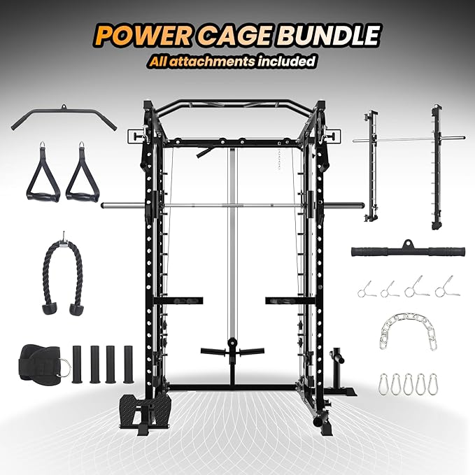 Power Cage with SmithBar, 2000 Lbs Power Rack with Cable Cross-Over System, Multi-Functional Strength Training Squat Rack with LAT Pull Down System, Weight Cage Home Gym Equipment