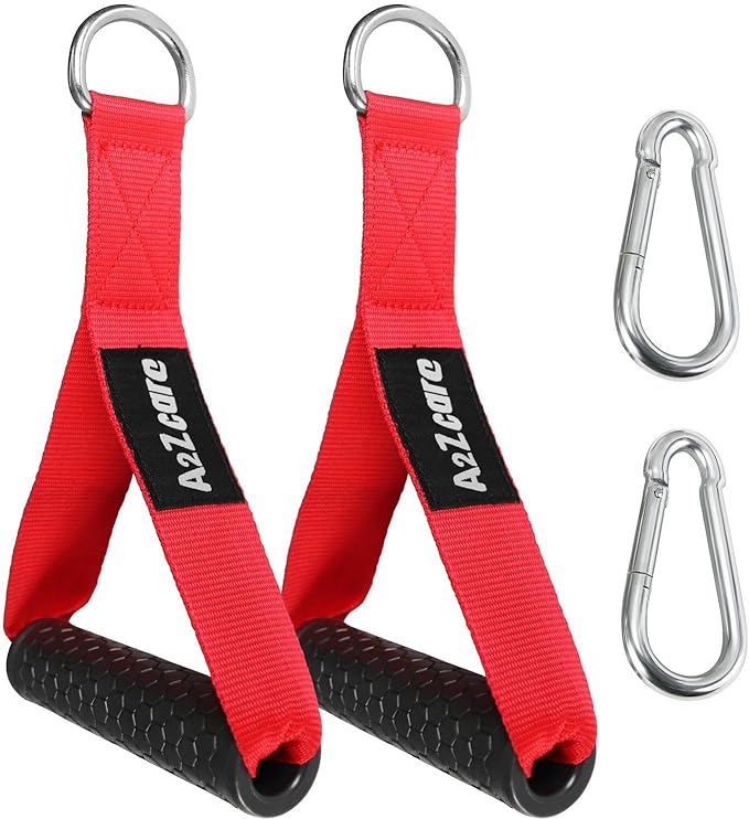 A2ZCARE Heavy Duty Exercise Handles - Premium Exercise Hand Grips Attachment for Pulley LAT Pulldown System (B. Exercise Handles (Red) and 2 Snap Hook)