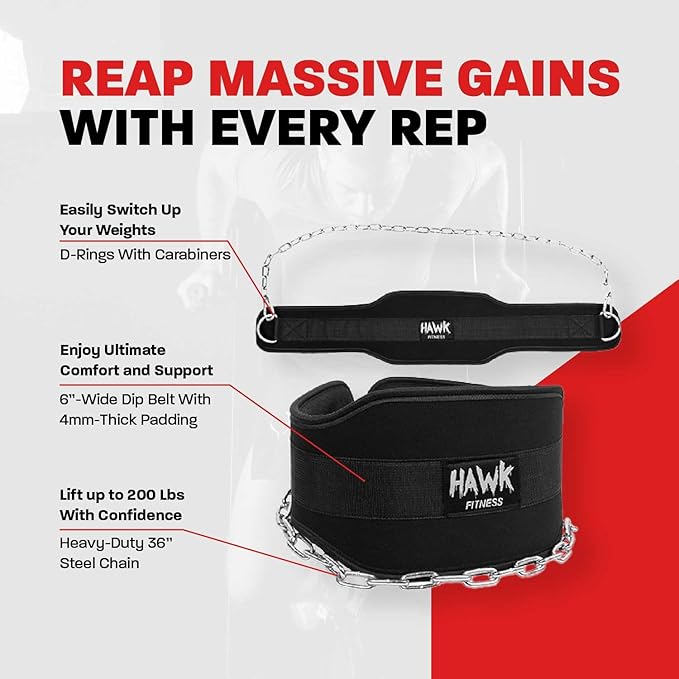 Hawk Sports Dip Belt with Chain for Bodyweight Exercises, Black 6" Padded Weightlifting Belt with 36" Steel Chain and D-Ring Carabiners, Lift 300 lbs. of Dumbbells, Kettlebells, or Weight Plates