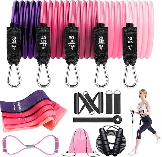 Zugoulook 18Pcs Resistance Bands Set for Women, 5 Stackable Exercise with Handles, Loop Bands, Jump Rope, Figure 8 Band, Ideal Home, Gym Fitness, Yoga, Full Body Workout