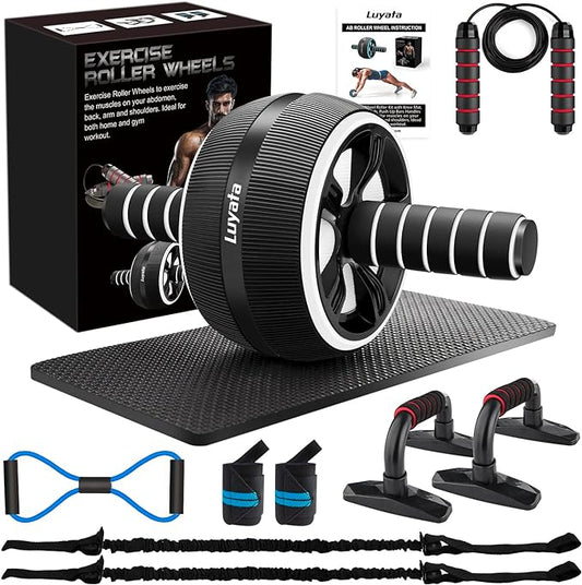 Ab Roller Wheel, 10-In-1 Ab Exercise Wheels Kit with Resistance Bands, Knee Mat, Jump Rope, Push-Up Bar - Home Gym Equipment for Men Women Core Strength & Abdominal Exercise