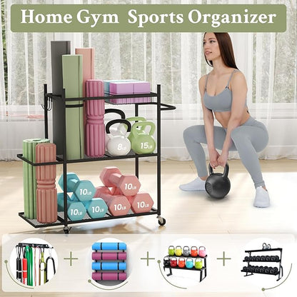 Hadulcet Dumbbell Rack, Heavy Duty Weight Rack for Dumbbells, Yoga Mat Storage Racks, Home Gym Storage Rack for Yoga Mat, Kettlebell & Balls, Adjustable Width Exercise Equipment with Lockable Wheels