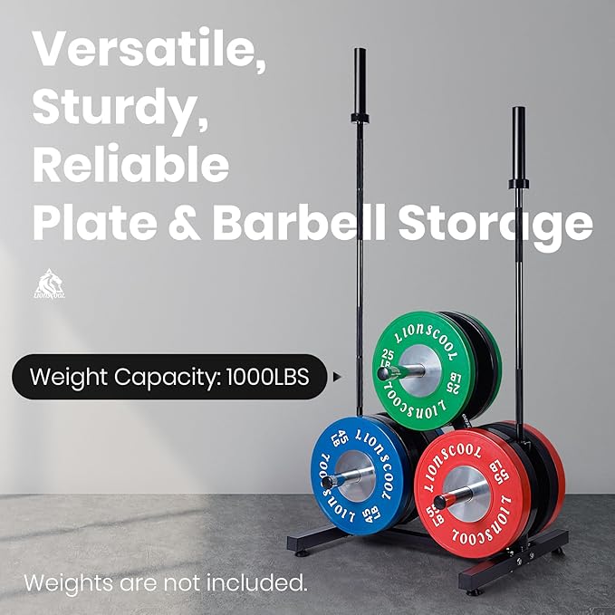 LIONSCOOL 2-Inch Olympic Weight Plate Tree and 2 Barbell Holders, Bumper Plate Storage Rack with Optional Wheels, 650LBS/1000LBS Weight Capacity Available