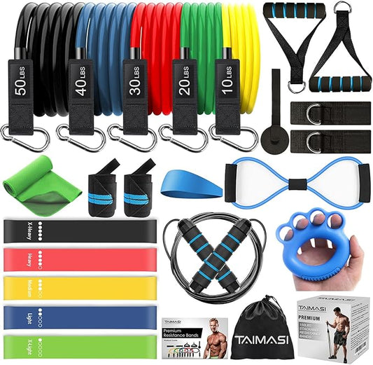 23Pcs Resistance Bands Set Workout Bands, 5 Stackable Exercise Bands with Handles, 5 Resistance Loop Bands, Jump Rope, Figure 8 Resistance Bands, Headband, Cooling Towel