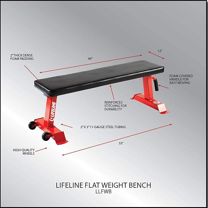 Lifeline Flat Weight Bench Heavy Duty 11-Gauge Steel with Transport Wheels and Handle for Home Gym Workouts