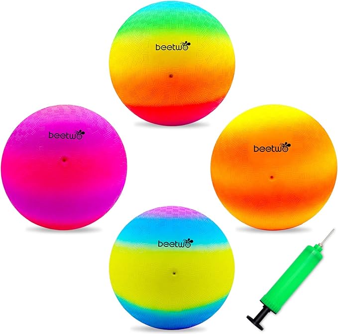 Four Square Balls, 8.5 Inch Playground Ball for Kids Outdoor Dodgeball Kickball Handball Game with Hand Pump