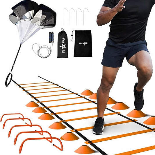 Yes4All Speed Training Equipment Set: 15ft Agility Ladder 5 Agility 12 Disc