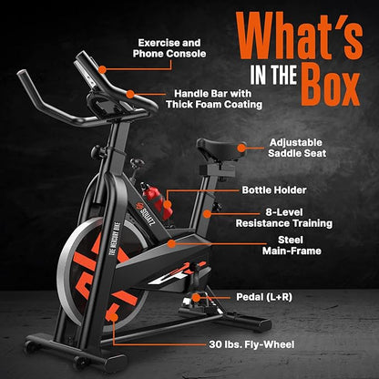 Stationary Exercise Bike with 8 Resistance Settings - Indoor Cycling Bike for Home, Exercise Equipment with Screen, Workout Cycling, Phone Holder - Max Weight 275lbs