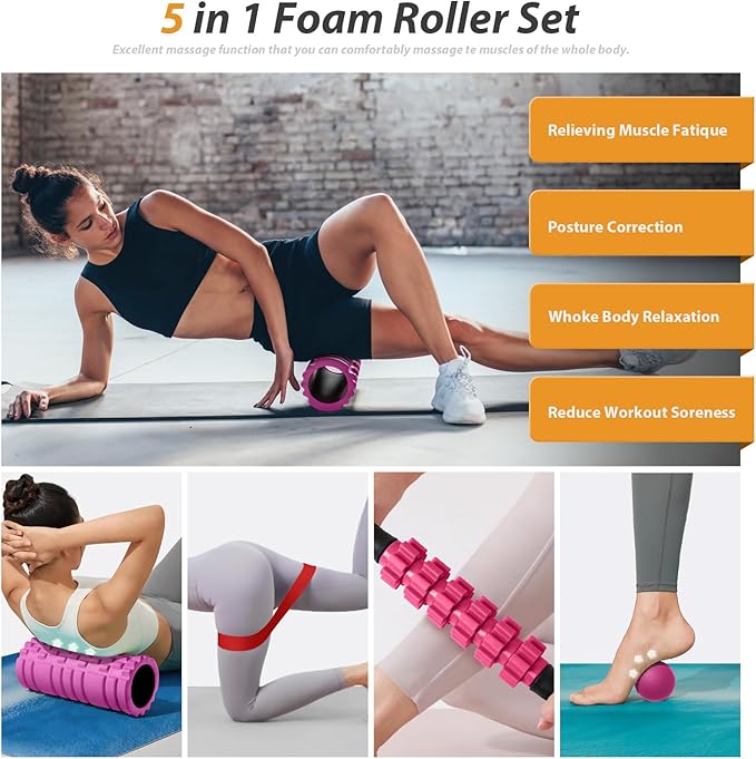 5 in 1 Foam Roller Set for Deep Tissue Muscle Massage, Trigger Point Fitness Patented Exercise Foam Roller, Massage Roller, Massage Ball, Stretching Strap, for Whole Body (Pink-Black)