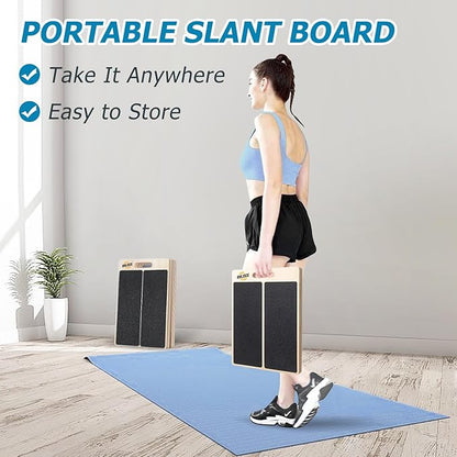 Portable Slant Board Foldable Wooden Calf Stretcher Slant Board for Squats 500 Lbs Weight Capacity, Comes with Resistance Bands & Massage Ball, Adjustable Incline Board for Knees Ankle Heel Feet Leg