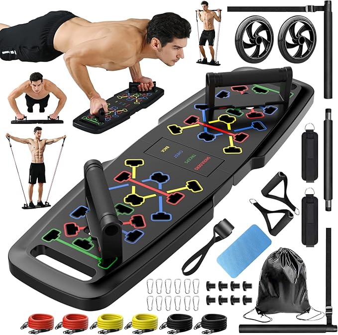 Push Up Board,Home Gym,Portable Exercise Equipment,Pilates Bar & 20 Fitness Accessories with Resistance Bands & Ab Roller Wheel,Full Body Workout at Home.