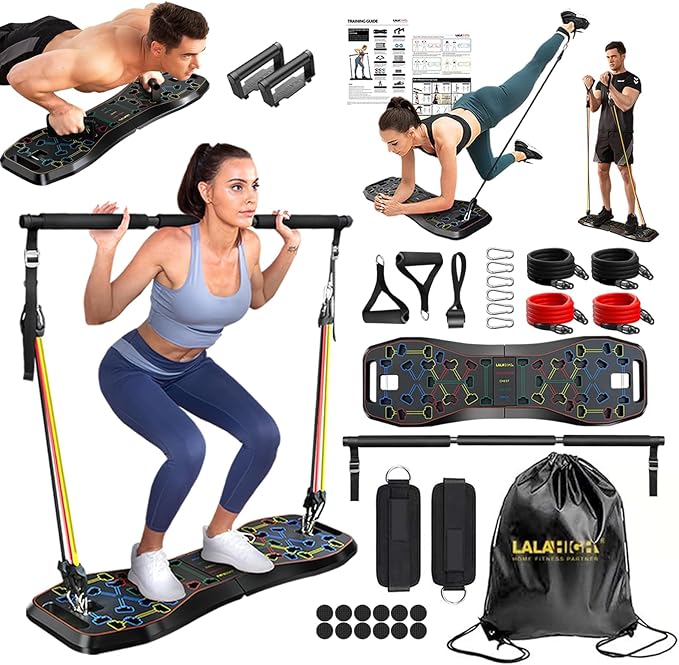 LALAHIGH Home Workout Equiptment: Portable Exercise Push Up Board, Strength Training Sets with Pilate Bar & 20 Fitness Accessories with Resistanve Bands & Ab Roller Wheel - Full Body Workout