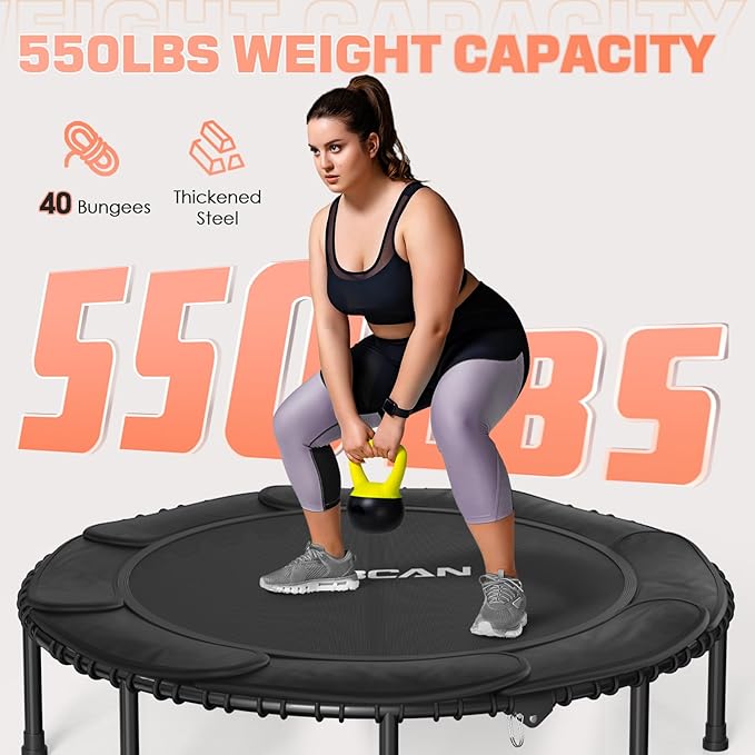 BCAN 450/550 LBS Foldable Mini Trampoline, 40"/48" Fitness Trampoline with Bungees, U Shape Adjustable Foam Handle, Stable & Quiet Exercise Rebounder for Adults Indoor/Outdoor Workout