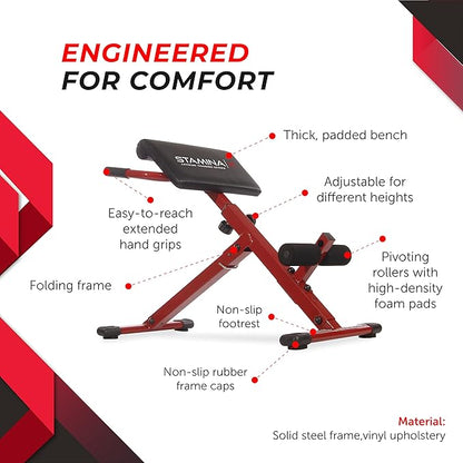 Stamina X Adjustable Ab, Back, and Core Strength Exercise, Sit-Up Fitness Hyperextension Weight Bench for At-Home Workouts