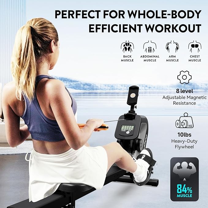 pooboo rowing machine, Max 350 LBS Magnetic Rower with LCD Monitor, Tablet Holder, Upgraded Rowing machines for home use