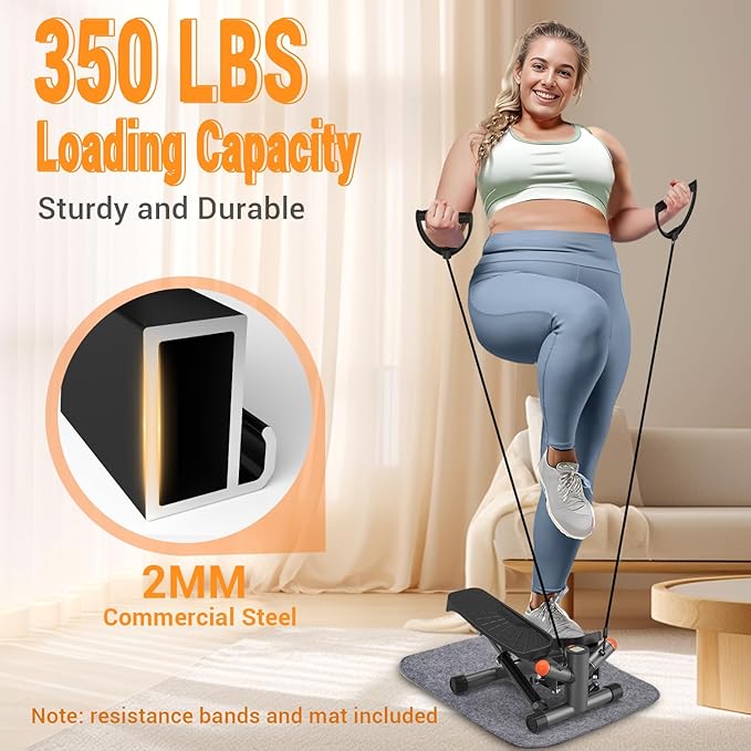 Steppers for Exercise at Home, Adjustable Height Mini Stair Stepper with Resistance Bands,Twist Stepper with 350lbs Loading Capacity, Exercise Equipment for Full Body Workout (Included Mat)