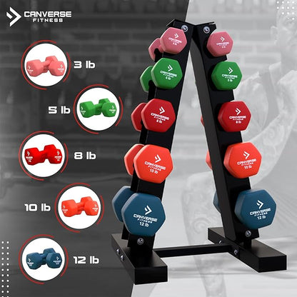 Neoprene Workout Dumbbells Weights - Non Slip, Anti Roll Exercise & Fitness Dumbbells Combo With Rack - Hex Shaped Hand weights for Men & Women - Ideal for Home and Gyms training