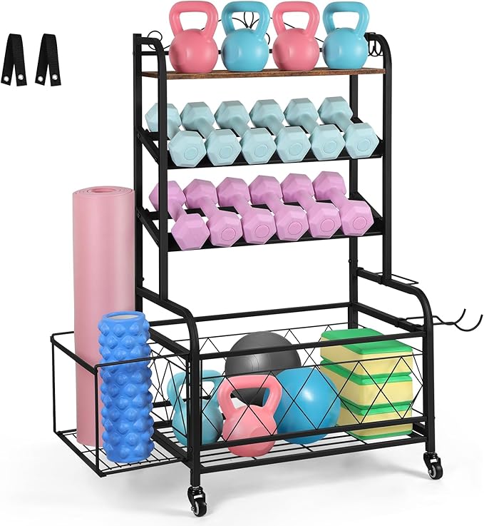 ETELI Home Gym Storage Rack Weight Holder Rack for Dumbbells Garage Sports Equipment Organizer for Yoga Mat Kettlebells and Strength Training Fitness Equipment with Hooks, Wheels