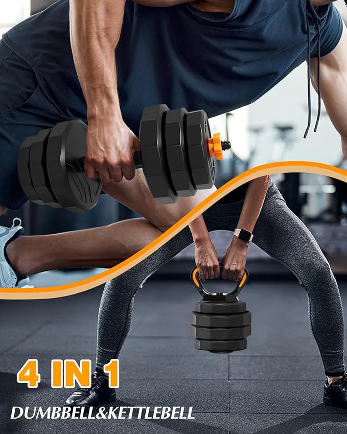 HTK Adjustable Weight Dumbbell Set - 4 in 1 Free Weight Set with Connector - Dumbbells, Barbells, Kettlebells, Push-Up Bars for Full Body Workout and Muscle Toning