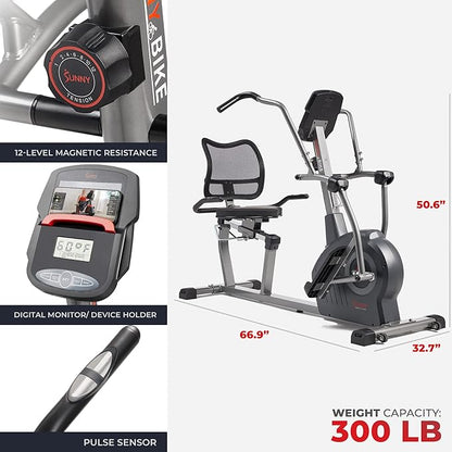 Sunny Health & Fitness Elite Recumbent Cross Trainer & Elliptical Machine with Arm Exercisers, Easy Adjust Seat, with Exclusive SunnyFit® App Enhanced Connectivity