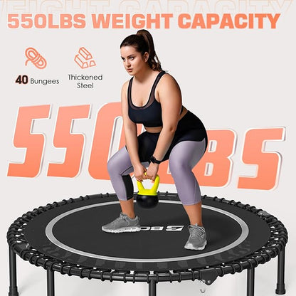 BCAN 450/550 LBS Foldable Mini Trampoline, 40"/48"/50" Fitness Trampoline with Bungees, U/T Shape Adjustable Foam Handle, Stable & Quiet Exercise Rebounder for Kids Adults Indoor/Garden Workout