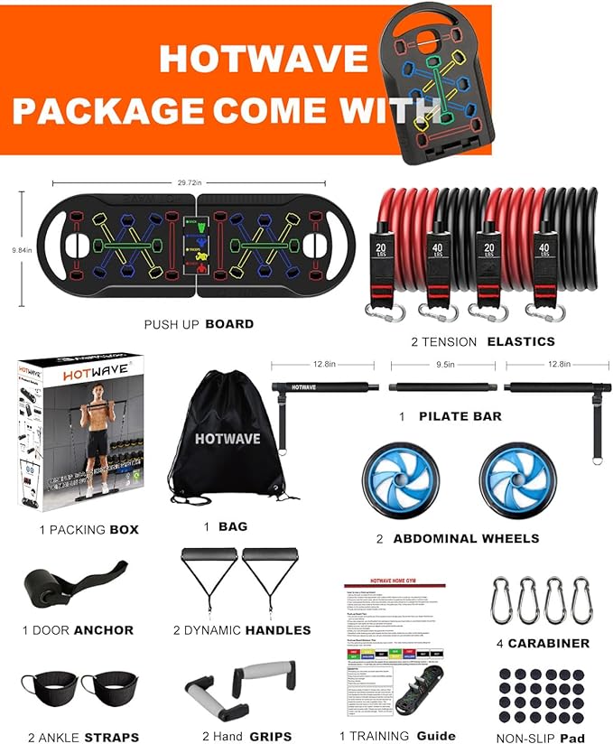 HOTWAVE Portable Exercise Equipment with 16 Gym Accessories.20 in 1 Push Up Board Fitness,Resistance Bands with Ab Roller Wheel,Full Body Workout at Home