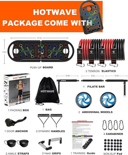 HOTWAVE Portable Exercise Equipment with 16 Gym Accessories.20 in 1 Push Up Board Fitness,Resistance Bands with Ab Roller Wheel,Full Body Workout at Home