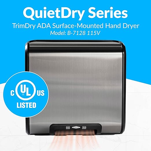 Bobrick B-7128 115V QuietDry, TrimDry ADA Surface-Mounted Automatic Heated Hand Dryer, 115 V