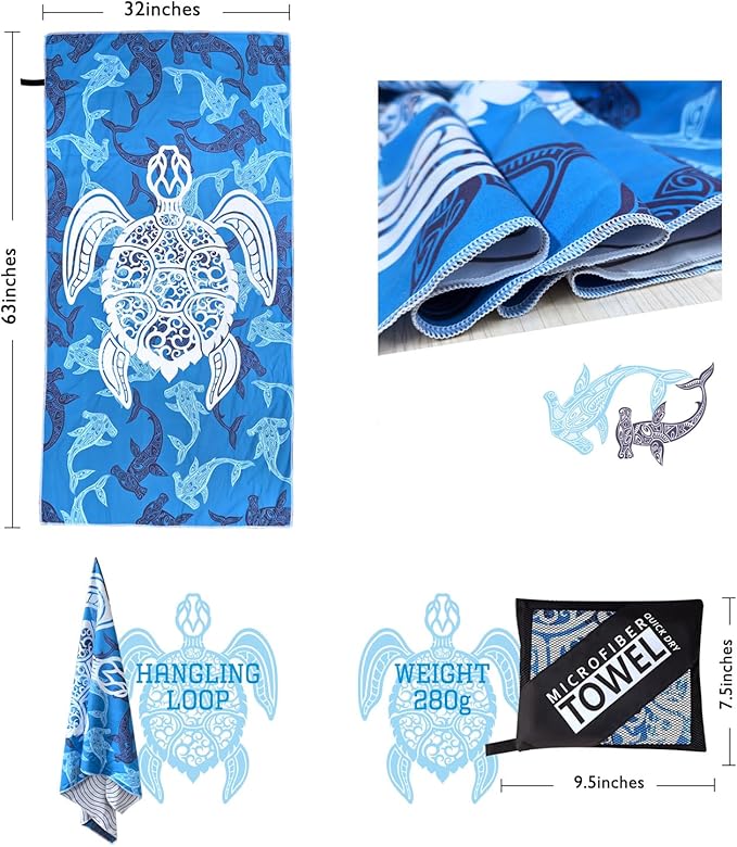 Beach Towel - Microfiber Beach Towels(63" x 32" - 1Pcs)- Quick Dry Sand Proof Absorbent Compact Beach Blanket - Lightweight Towel for Beach Swimming Surfing Sports Yoga Gym(Turtle)