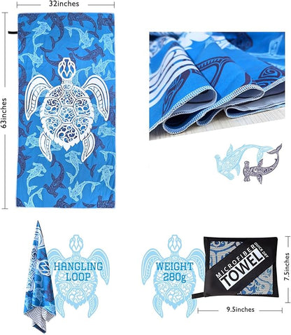 Beach Towel - Microfiber Beach Towels(63" x 32" - 1Pcs)- Quick Dry Sand Proof Absorbent Compact Beach Blanket - Lightweight Towel for Beach Swimming Surfing Sports Yoga Gym(Turtle)