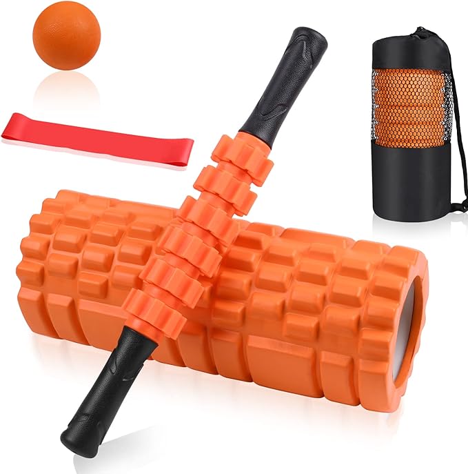 5 in1 Foam Roller Set, Trigger Point Foam Roller, Yoga Stick, Massage Ball, Fitness Stretching Strap, Carrying Bag, Towel, Massage Roller for Deep Muscle Massage Pilates Yoga, Orange