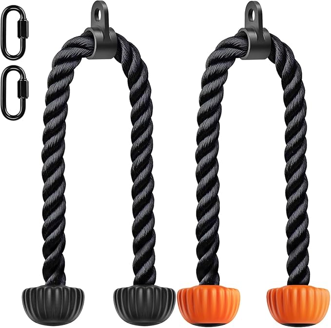 SELEWARE Triceps Rope with Non-Slip Soft Rubber Ends Home Gym Cable Attachment Workout Accessories 28 & 36 inches Long LAT Pulldown attachment Black and Oranger