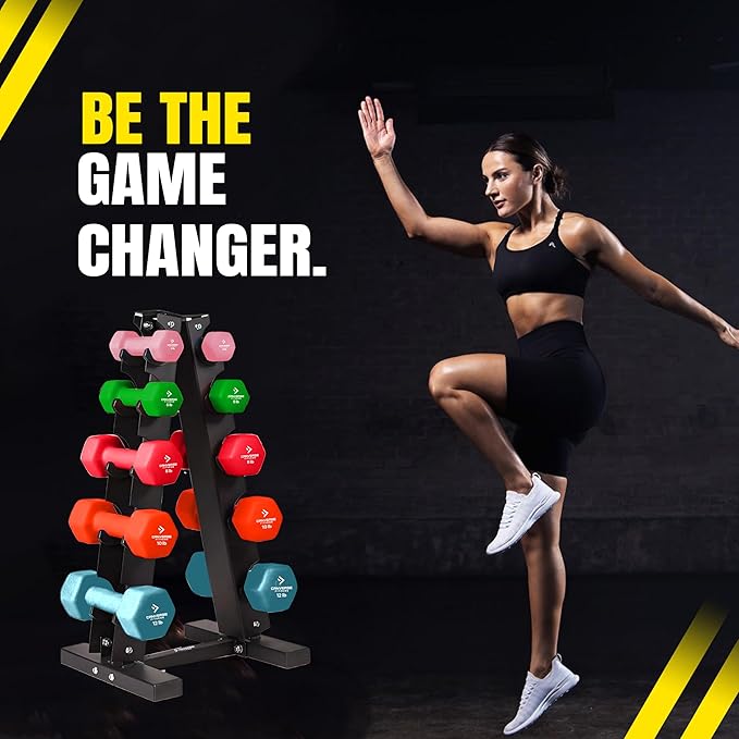 Neoprene Workout Dumbbells Weights - Non Slip, Anti Roll Exercise & Fitness Dumbbells Combo With Rack - Hex Shaped Hand weights for Men & Women - Ideal for Home and Gyms training