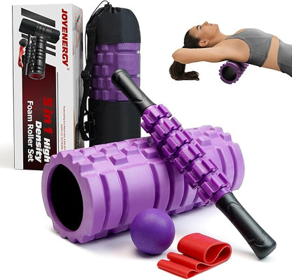 5 in 1 Foam Roller Set, Trigger Point Foam Roller Patented, Massage Roller Stick, Massage Ball, Stretching Strap for Deep Tissue Massager for Muscle Pilates Yoga Whole Body