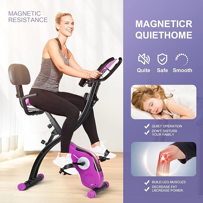 Folding Exercise Bike Portable Upright Adjustable Backrest Cycling Recumbent Stationary Bike Slim Indoor Workout Fitness Cardio Foldable Exercise Bicycle Machine with Pulse Sensor LCD Monitor Arm Resistance Bands