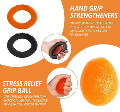 Hand Grip Strengthener Workout Kit (10Pcs) Hands Grip Strength Trainer, Forearm Gripper, Finger Exerciser Stretcher Wrist Ball, Stress Relief Ball for Men and Women, Injury Recovery