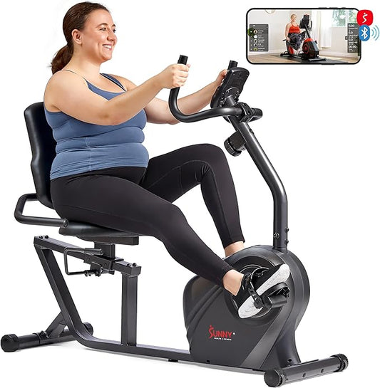 Sunny Health & Fitness Magnetic Recumbent Bike w/ 300LB Weight Capacity & Adjustable Wide Cushioned Seat, Home Exercise Machine for Adult/Seniors, Optional Bluetooth Connect to Exclusive SunnyFit App