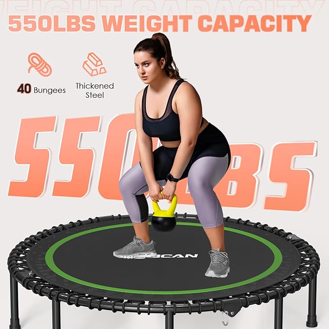 BCAN 40"/48" Foldable Mini Trampoline with Resistance Band, 450 LBS Fitness Trampoline with Bungees, U Shape Adjustable Foam Handle, Stable & Quiet Exercise Rebounder for Adults Indoor/Garden